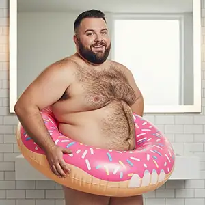 A gay bear, naked with a pool donut hiding his private bits