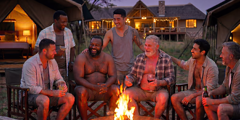 Group of gay bears and admirers around a fire on safari