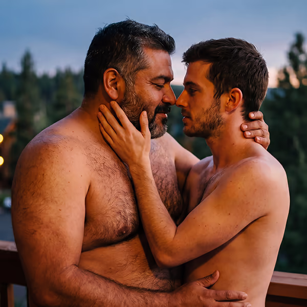A gay bear and a twink embrace