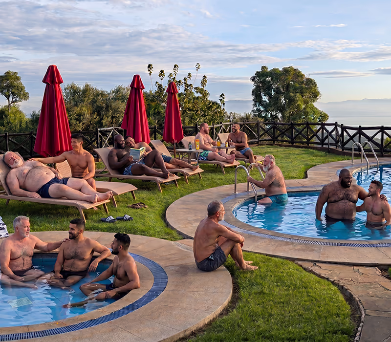 A group of bears and chasers in a pool in Africa