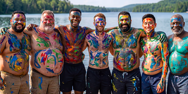 A group of men with body paint, smiling at the camera