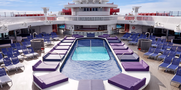 The main Aquatic Club pool on Virgin Voyages