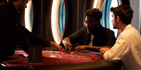 Two guys playing blackjack in the Virgin Voyages casino