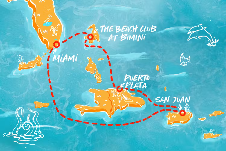 A dotted line tracing from Miami to Dominican Republic, Puerto Rico, and Bimini Beach Bahamas